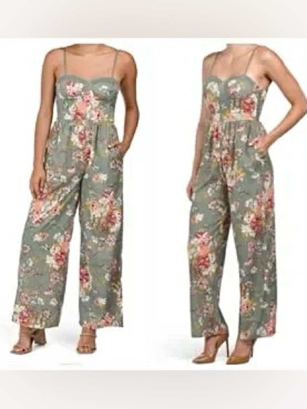 Trendy sage floral boho jumpsuit w shabby chic Gypsy hippy resort vacay vibe